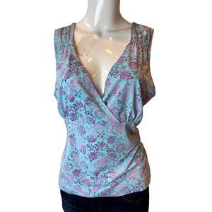 Axcess Women Wrap Blouse Top Leaf Print Sleeveless V Neck Purple Blue Size Large